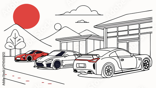 Sleek sports cars parked at a modern home with mountain views, capturing lifestyle luxury and automotive design, perfect for advertising and editorial