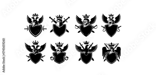 Heraldic emblems featuring eagles crowns shields and swords in a vintage black and white vector design perfect for logos and historical themed projects