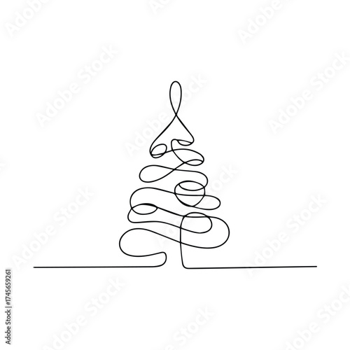 Minimalist continuous line drawing of a stylized christmas tree on a white background