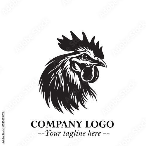 Head of Chicken Logo Symbol Black and White Illustration in Minimalist Modern Vector Design for Branding