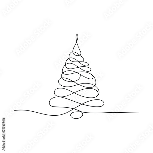 Minimalist single line drawing of a christmas tree with festive swirling branches