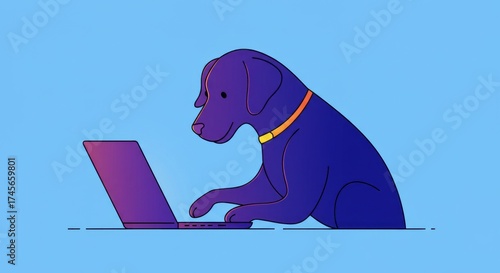 Cute Purple Dog Working on a Laptop Computer, Modern Flat Vector Illustration for Remote Work, Pet Tech, and Digital Lifestyle Concepts