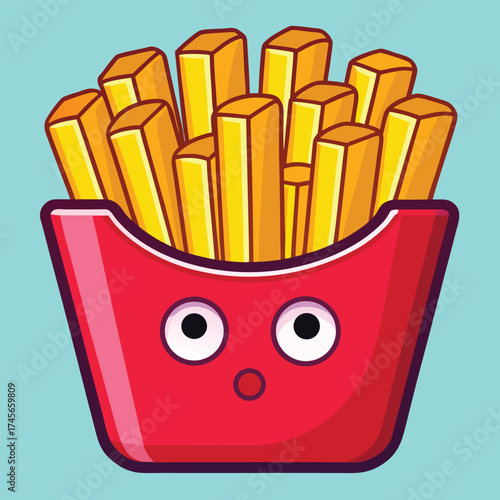 Vector art of cute french fries cartoon character in a red box on a light blue background