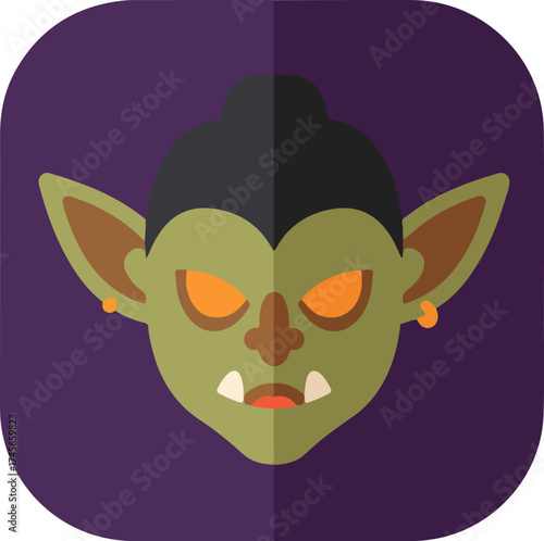 Anthropomorphic character with green skin, pointed ears, and glowing orange eyes against a dark purple background
