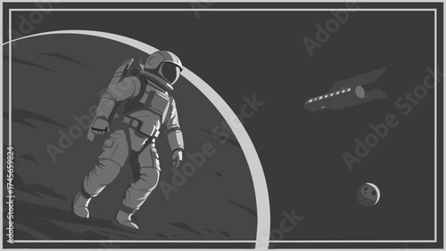 Astronaut exploring a new world with futuristic spaceship, a retro space adventure evoking nostalgia and the spirit of exploration, vector design
