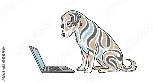 Modern Stylized Illustration of a Dog Sitting in Front of a Laptop Computer on White Background