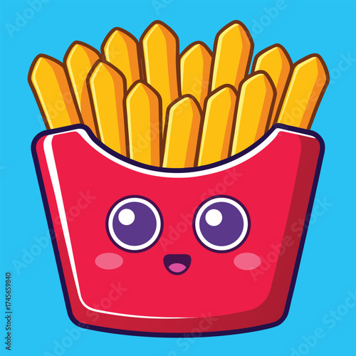Vector art of cute french fries cartoon character in a red box on a blue background