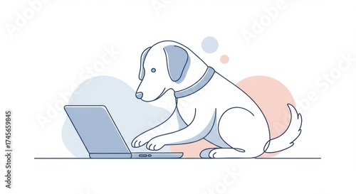 Minimalist Line Art Illustration of a Cute Dog Using a Laptop, Remote Work and Digital Learning Concept