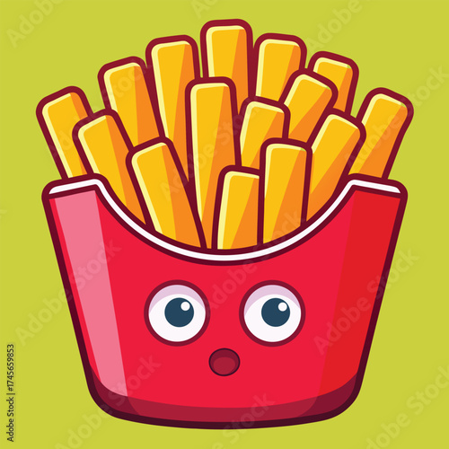 Vector art of cute french fries cartoon character in red box on a light green background