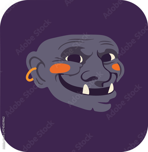Cartoon-style illustration of a human face with exaggerated features and dark purple background