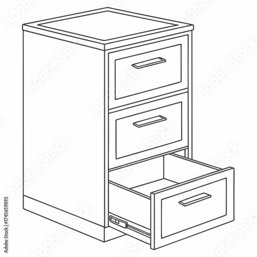 Illustration of a threedrawer filing cabinet with one drawer open
