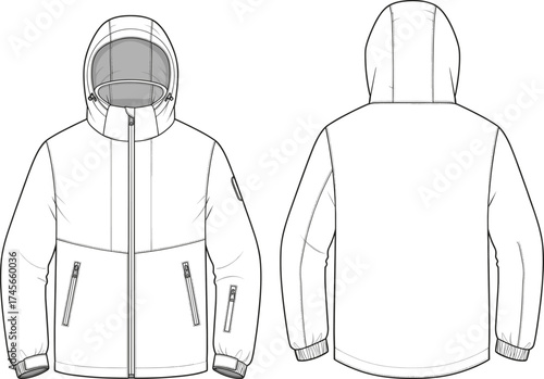 Technical flat sketch of hooded jacket front and back view, zipper closure, drawstring hood, sleeve pocket, garment construction fashion illustration