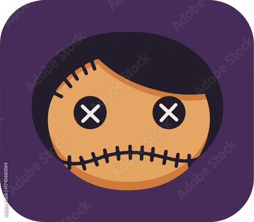 Stylized orange doll with black hair and sewn facial features on dark purple background
