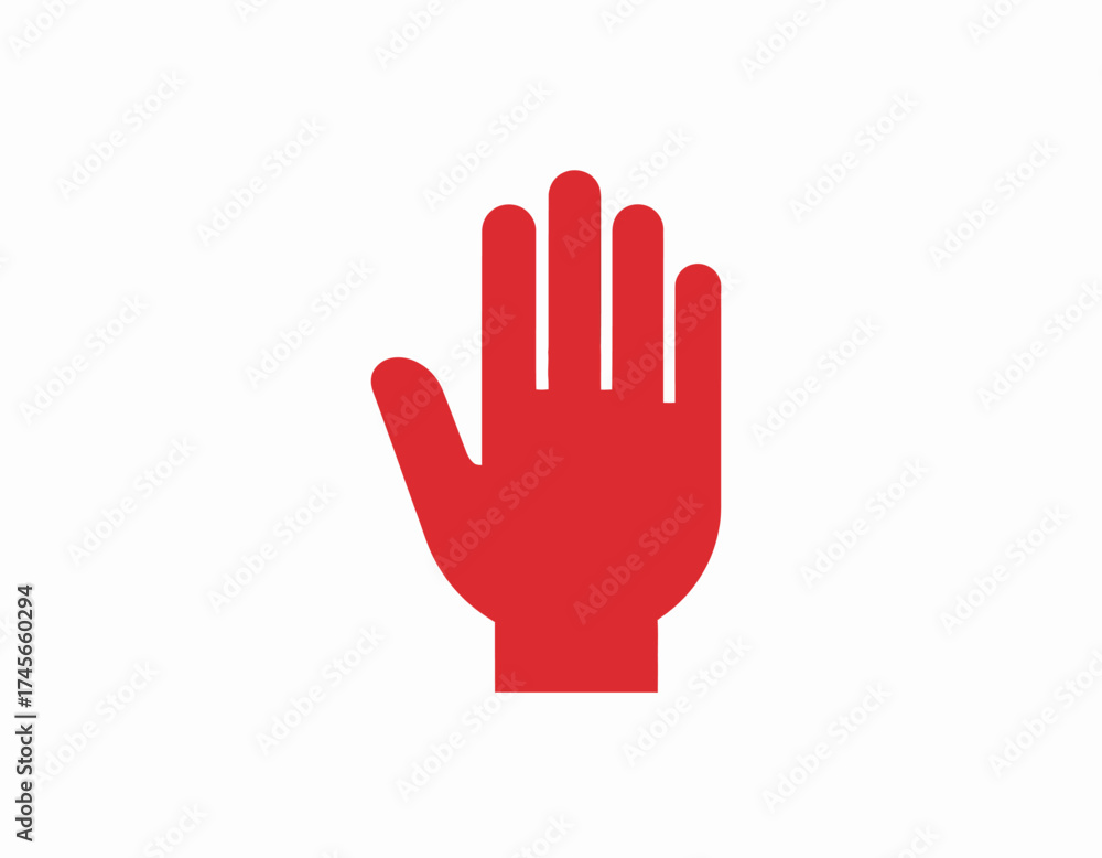 Obraz premium A red hand icon with palm facing outward is displayed against a clean white background