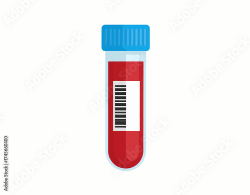A medical test tube filled with red liquid and labeled with a barcode against a white background