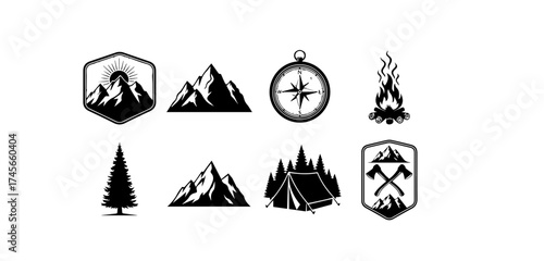 Black and white camping icons featuring mountains compasses tents trees and campfires perfect for outdoor adventure travel and nature themed designs and logos