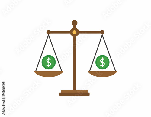 A balanced scale with two green dollar sign coins on each side against a clean white background