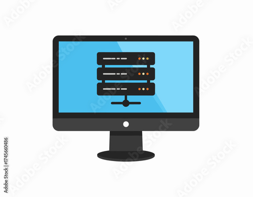 Flat design illustration of a computer monitor displaying a server stack on a plain white background