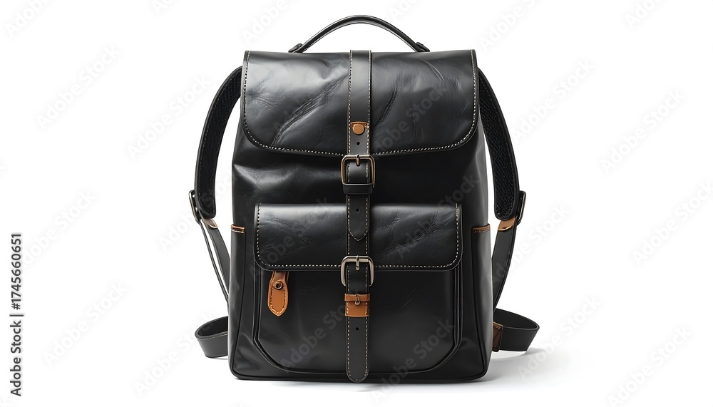 Naklejka premium Stylish Black Leather Backpack Isolated on White Background