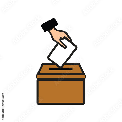 Hand dropping a white ballot paper into a brown wooden ballot box during an election or voting process