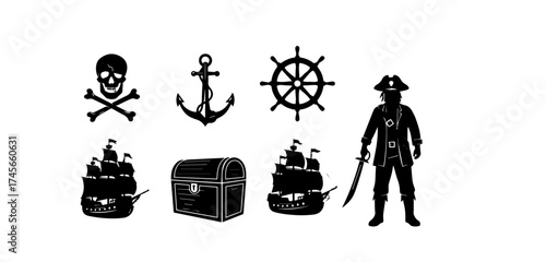 Black and white pirate themed vector art featuring a skull and crossbones anchor ship wheel pirate treasure chest and sailing ship perfect for designs and illustrations