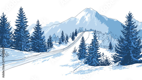Snowy Mountain Landscape with Ski Slope and Pine Trees in Winter