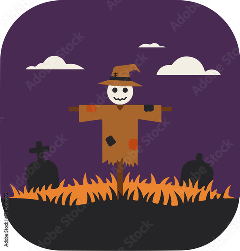 Cheerful scarecrow illustration with gravestones and pumpkin on purple background