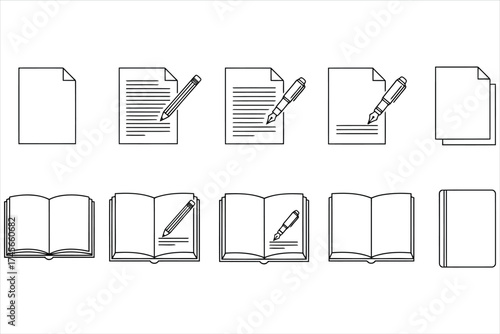 Illustration of a blank document, a document with text, and a book