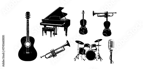 Stark monochrome illustration showcases a grand piano a trumpet a drum set a guitar and sheet music stands against a solid black backdrop creating a musical theme