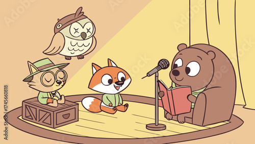 Adorable cartoon animals telling stories on stage bring joy and wonder, perfect for children's books, educational materials, and heartwarming illustrations