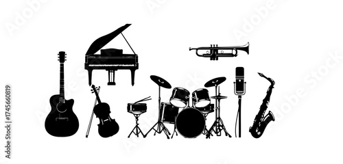 Musical instruments including a guitar piano violin drums trumpet microphone and saxophone are displayed in a black and white silhouette illustration