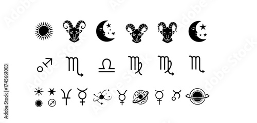 Collection of astrological symbols including zodiac signs sun moon stars planets and constellations in a minimalist black and white design for esoteric themes