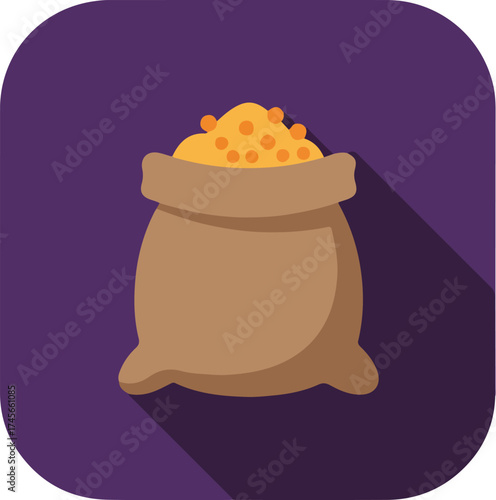 Brown sack overflowing with golden coins on deep purple background
