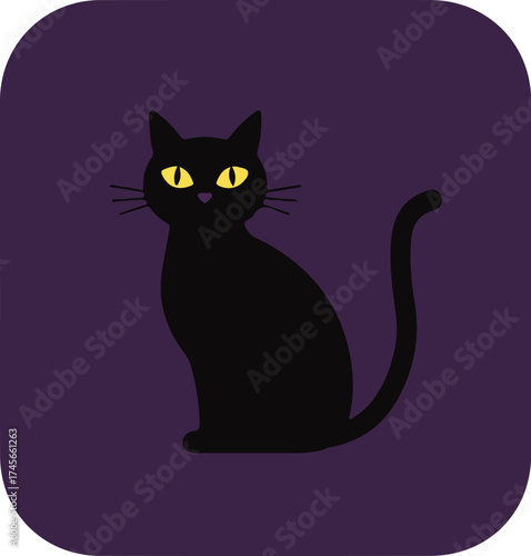Black cat with yellow eyes on purple background