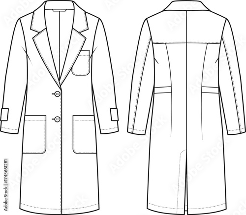 Technical flat sketch of long coat front and back view, notched lapel collar, patch pockets, button closure, garment construction fashion illustration