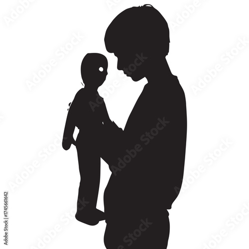 Vector art of silhouette of a child holding a doll
