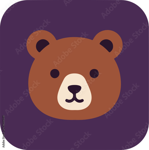 Stylized cartoon bear face with brown fur, black eyes, and white muzzle on dark purple background