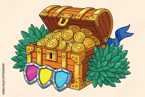 Vector art of a treasure chest full of gold coins surrounded by plants and protected by shields illustration