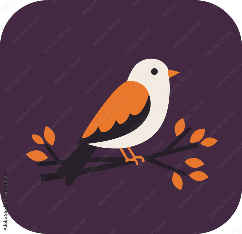 Fototapeta premium Stylized illustration of a bird perched on a diagonal branch against a solid purple background