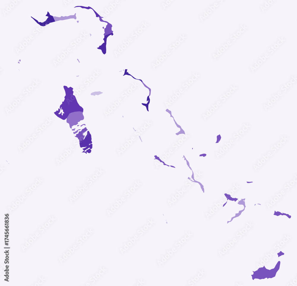 Obraz premium Map of Bahamas with regions. Just a simple country border map with region division. Deep purple color palette. Blank The Bahamas shape with administrative division. Vector illustration.