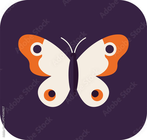 Cartoon butterfly illustration with white, orange, and purple colors on a dark purple background