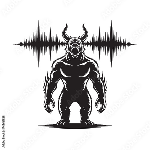 Vector art of a powerful, muscular monster with horns and sharp teeth, roaring in front of a sound wave equalizer