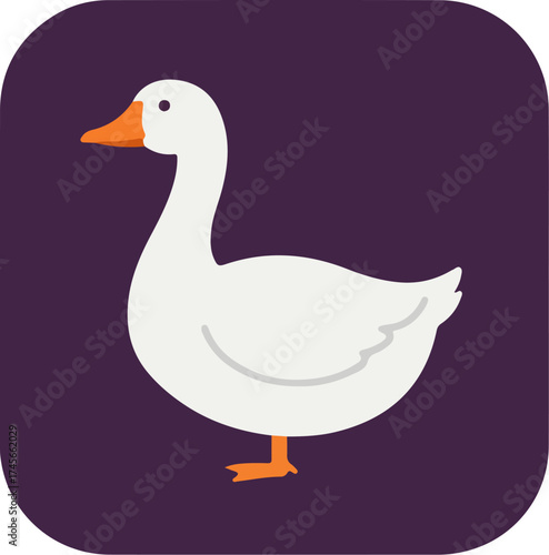 Stylized white duck with orange beak and feet on one leg against a dark purple background