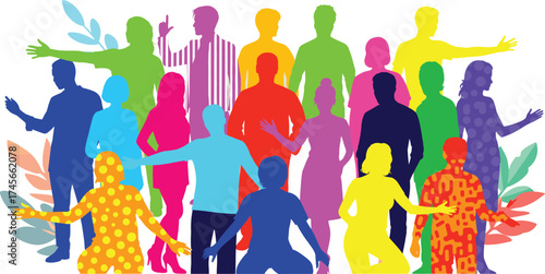 Colorful human silhouettes group diversity concept, abstract people community teamwork illustration with patterns and leaves, cad drawing flat vector illustration