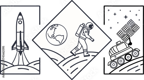 Modern exploration icons showcase space travel, astronauts, and planetary rovers for science and technology projects, representing future innovation