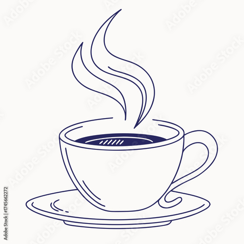 Blue line drawing of a steaming coffee cup on a saucer
