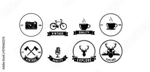 Collection of vintage style logo designs featuring a camera bicycle coffee axes microphone and deer antlers perfect for branding and creative projects