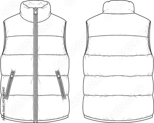 Technical flat sketch of puffer vest front and back view, quilted design, high collar, zipper closure, garment construction fashion illustration