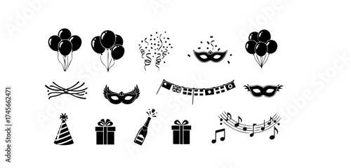 Festive black and white vector illustration featuring party elements like balloons confetti masks gifts champagne and musical notes perfect for celebrations