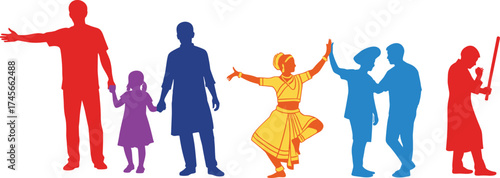 Colorful human silhouettes, family children adults, dance performance culture, friendship unity communication, martial arts pose tradition, cad drawing flat vector illustration